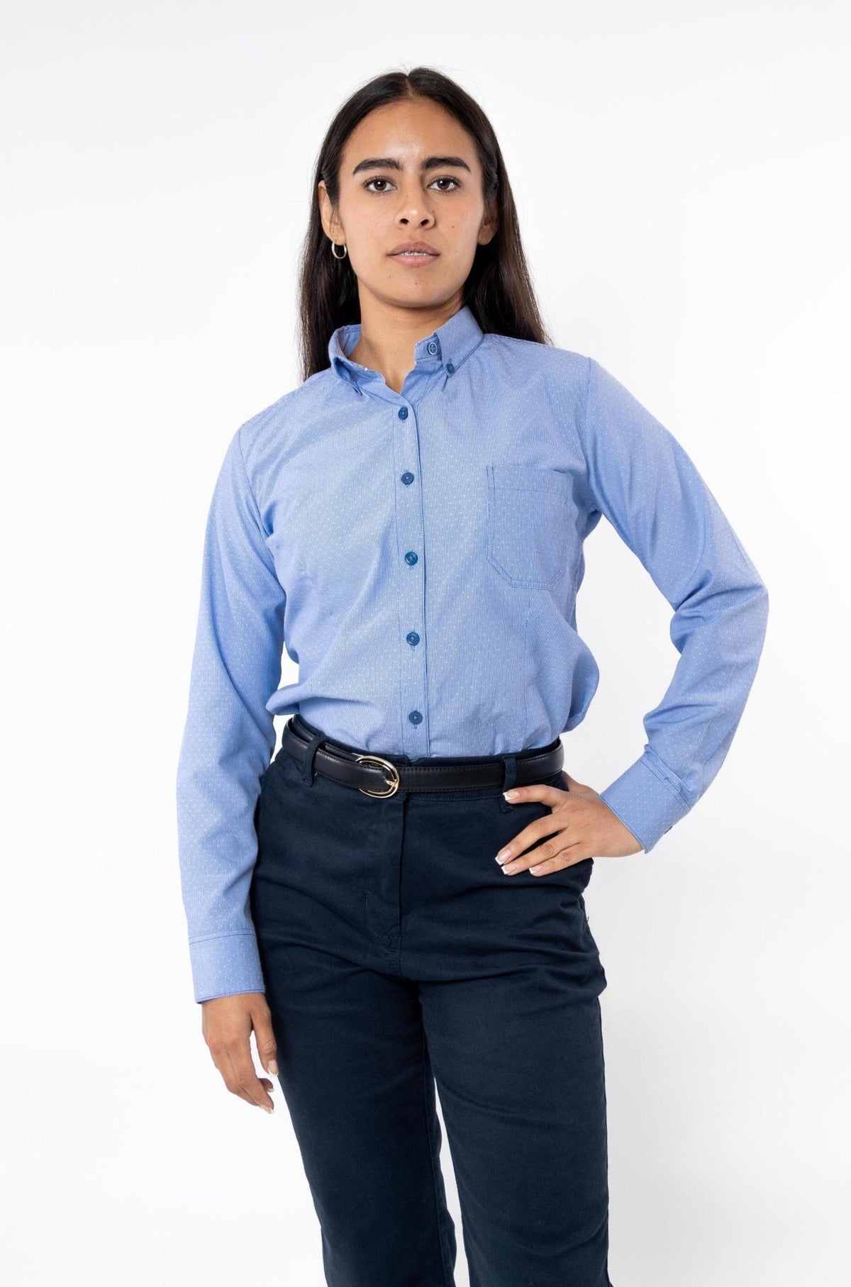 CAMISA FORMAL SLIM FIT MANGA LARGA GINEBRA MUJER #Color_ Blanco / Azul