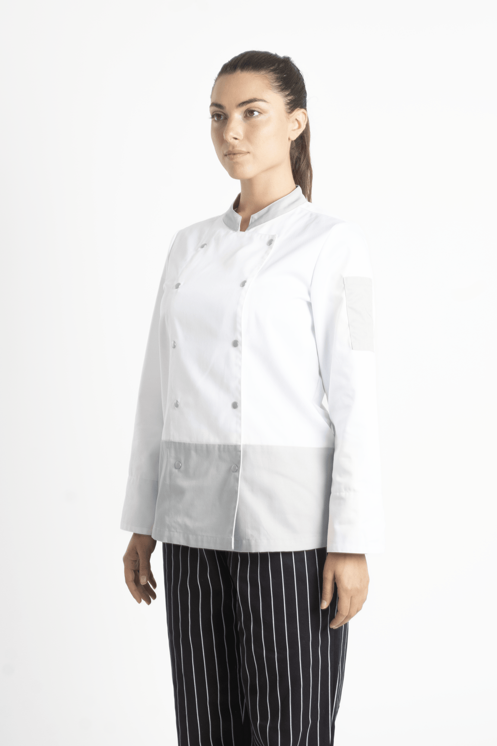 FILIPINA DE CHEF DAMA LONDRES MANGA 3/4 #Color_Blanco / Gris
