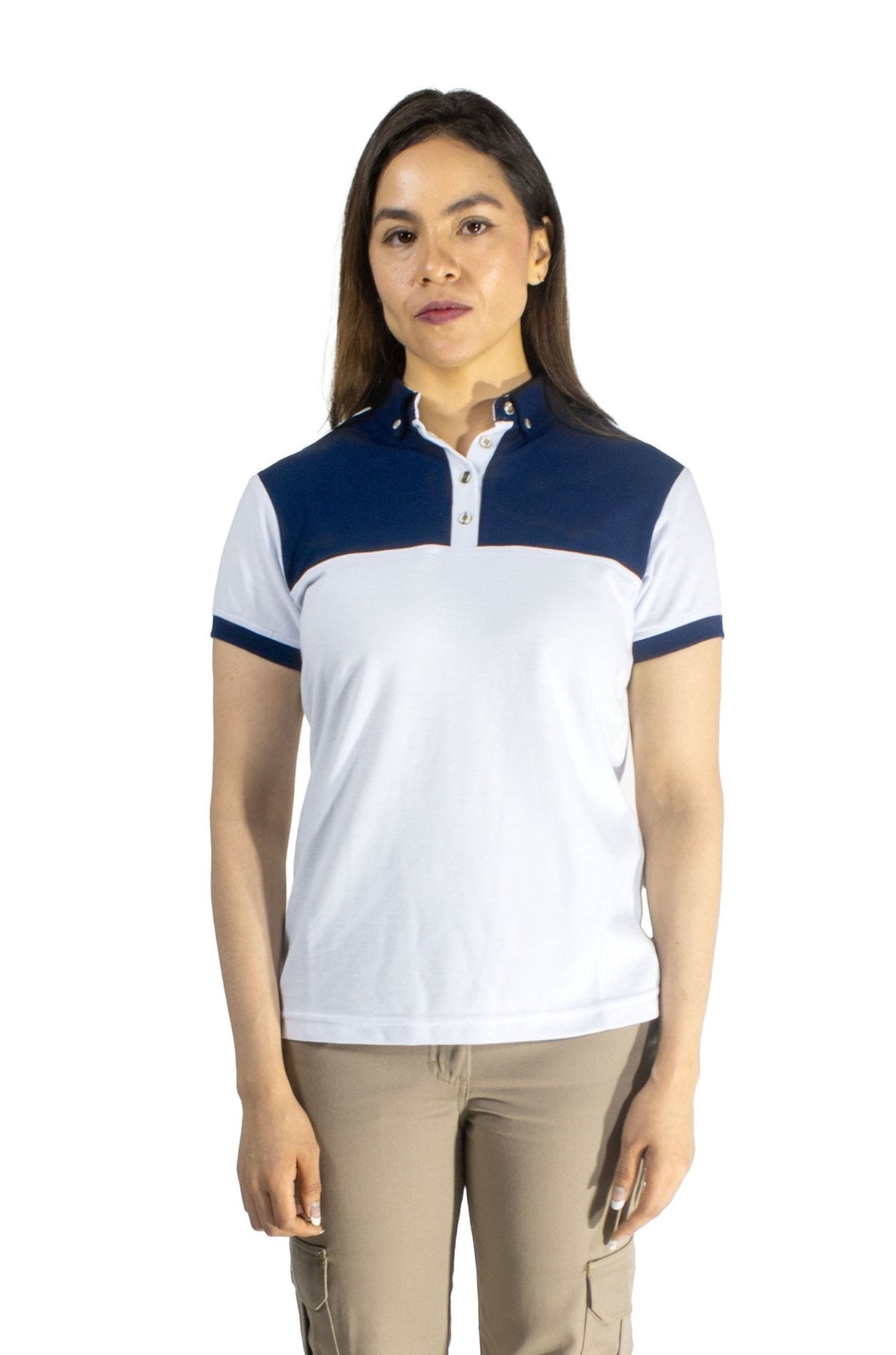 PLAYERA TIPO POLO LISBOA MUJER 
#Color_Blanco / Azul