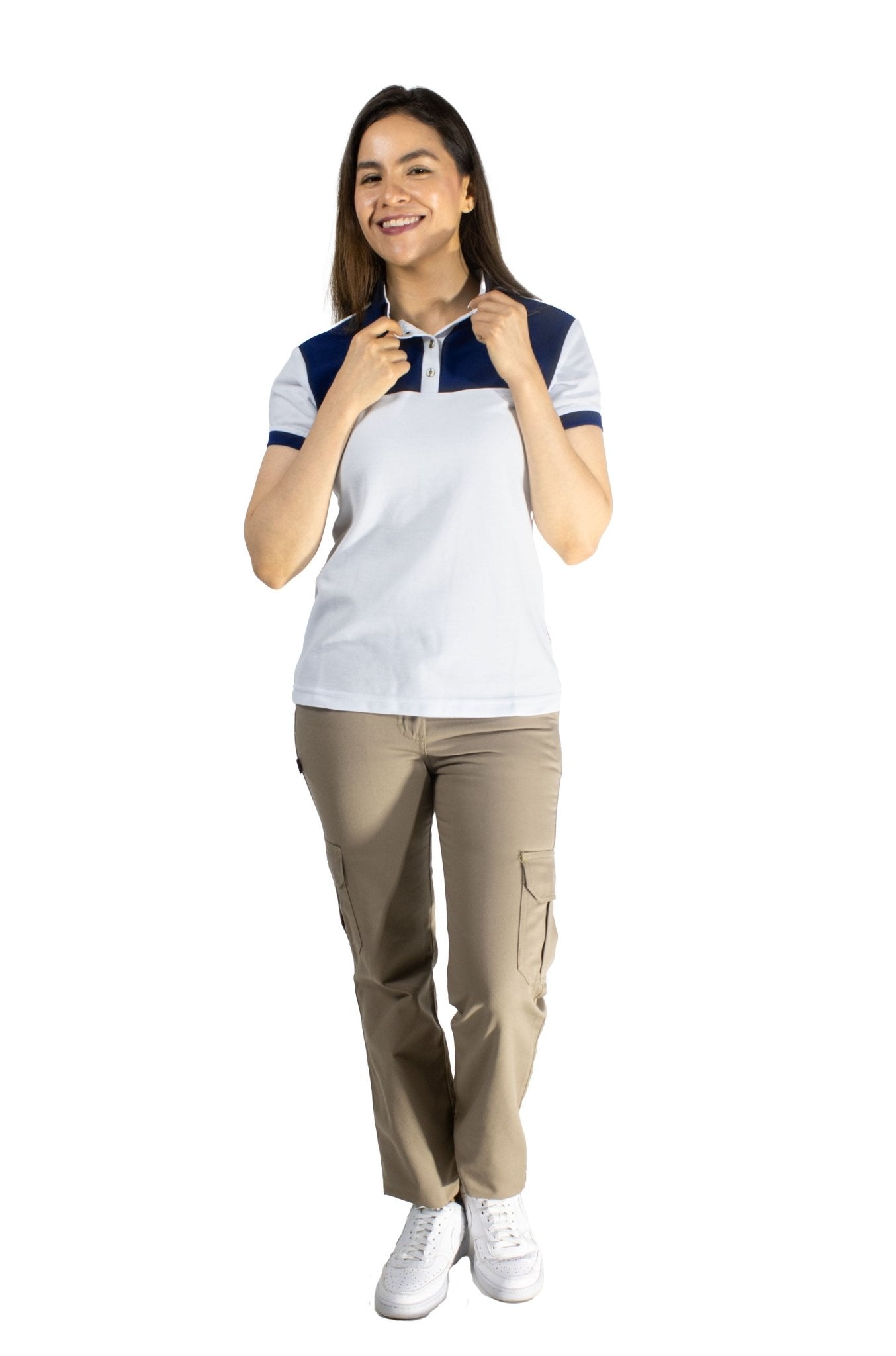 PLAYERA TIPO POLO LISBOA MUJER 
#Color_Blanco / Azul